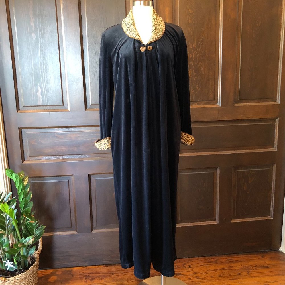 Vintage Diamond Tea Sz M Black Velvet Zip Robe Animal Print Collar Cuffs Pockets
